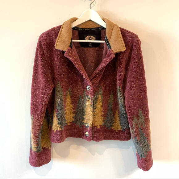 Vintage Country Clothing Co Fleece Jacket Shearling XL Trees Mauve Suede Collar - Picture 2 of 8